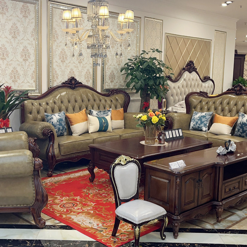 欧式真皮沙发123组合小户型客厅美式全实木复古深色双面雕花沙发