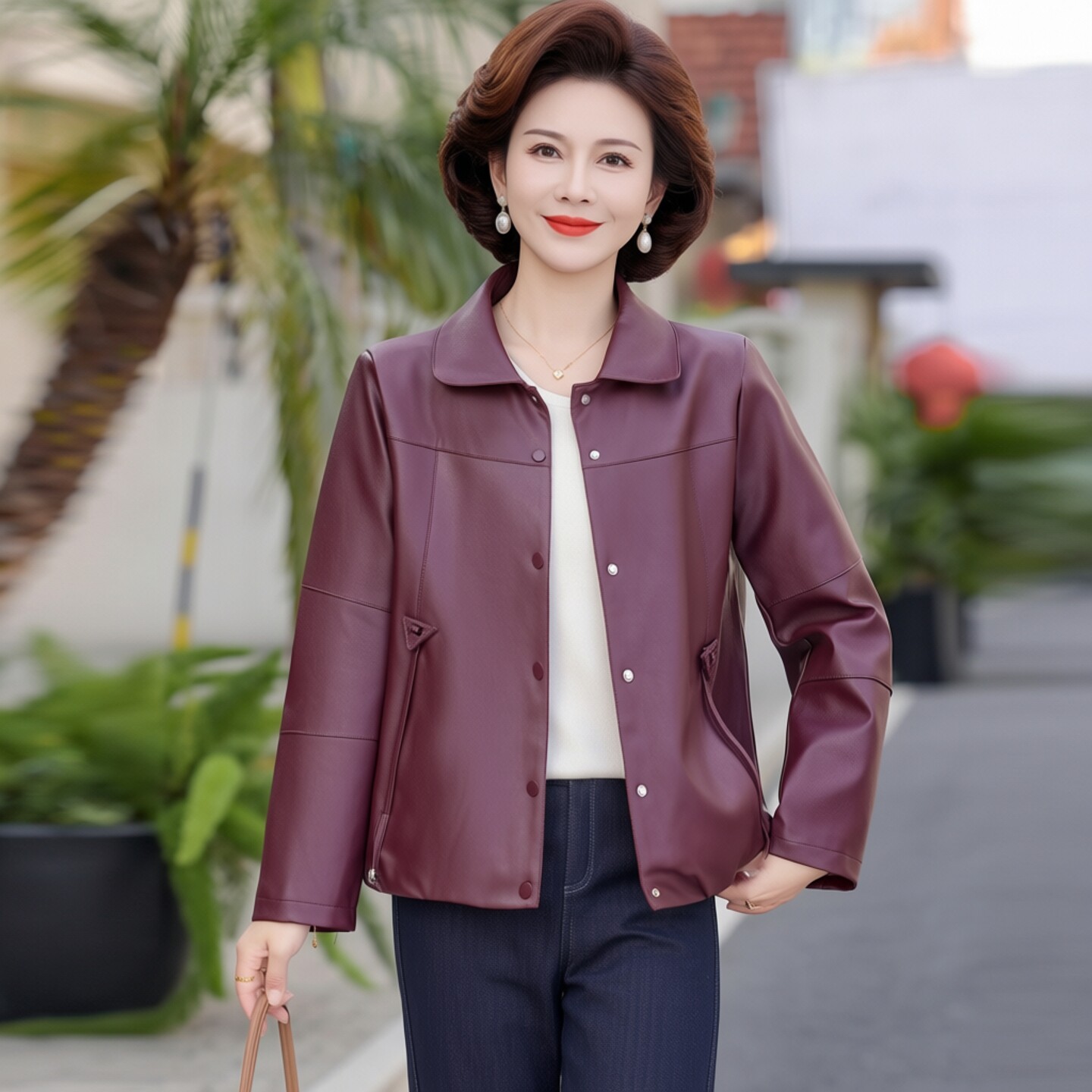 中年女人皮衣外套时尚休闲宽松
