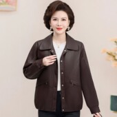 PU皮夹克宽松韩版 新款 上衣 休闲春装 中老年妈妈翻领皮衣外套女时尚