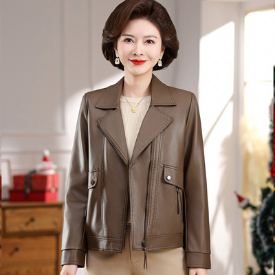 皮衣外套女时尚休闲妈妈春秋夹克