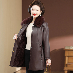 妈妈冬装外套中长款加绒带毛领中老年女装皮衣加厚保暖皮毛一体袄