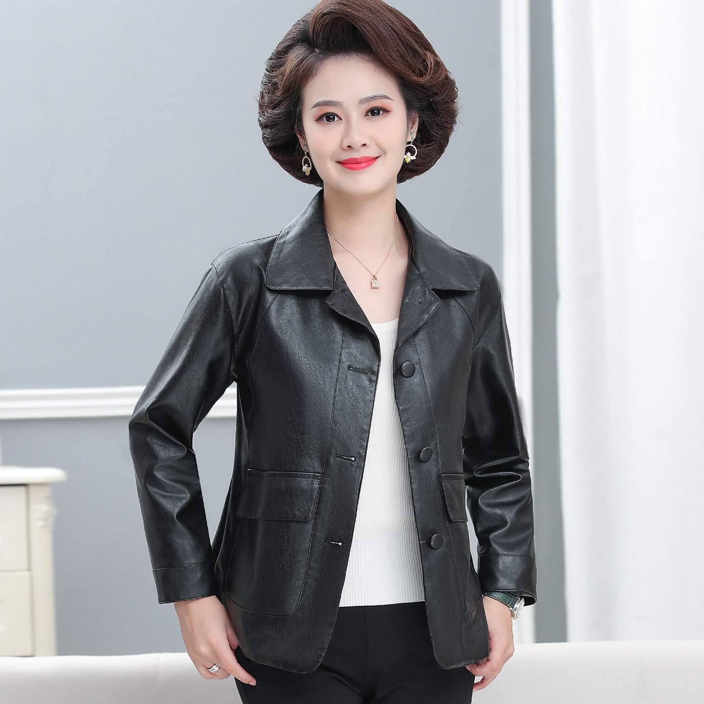 中年妈妈皮衣外套女加绒保暖春秋