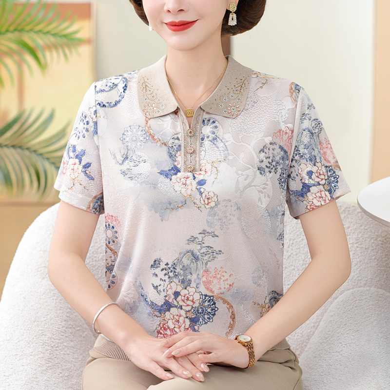 中老年妈妈夏装短袖冰丝衫