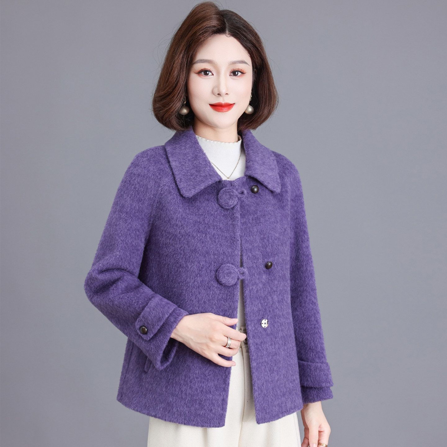 双面呢外套女2026秋冬新款中年妈妈羊毛尼娃娃领时髦洋气短款上衣