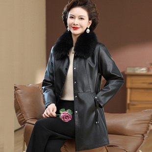 中老年人女装皮衣中长款妈妈冬装外套修身显瘦PU皮袄加绒加厚上衣