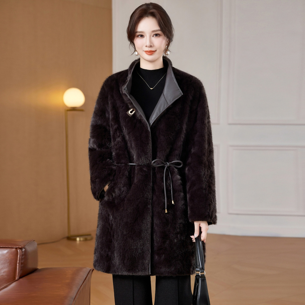 妈妈秋冬外套加绒皮衣中长款皮草