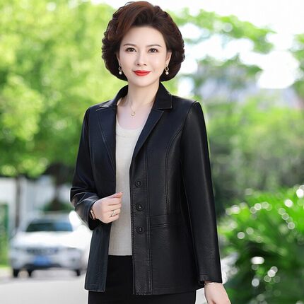 2026年女士皮衣外套中老年皮西服四五十妈妈春秋PU皮夹克妇女西装