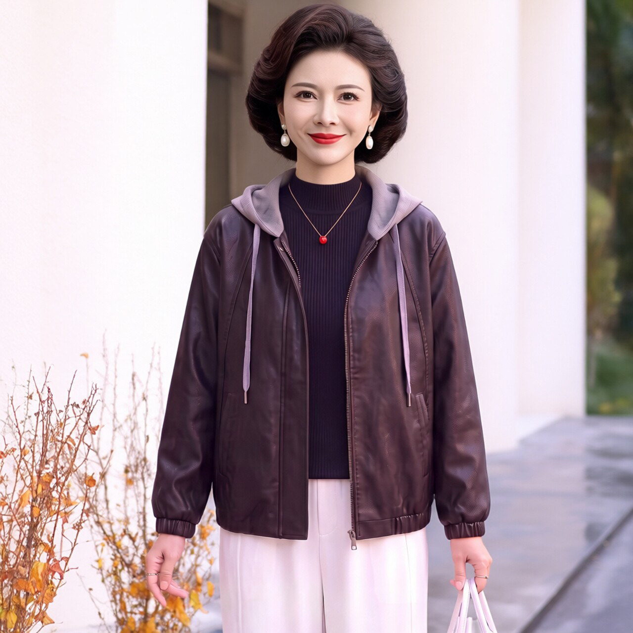 中老年女装皮衣外套时尚休闲连帽