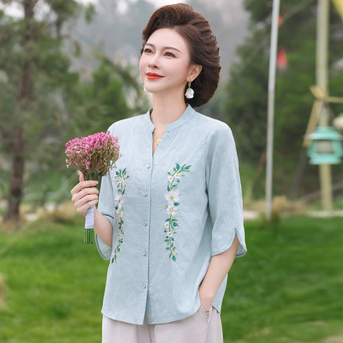 中老年妈妈装短袖衬衫棉麻套装
