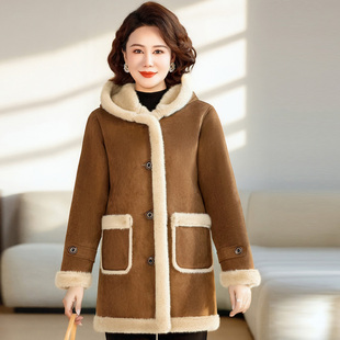 中年人女皮毛一体大衣连帽妈妈冬装外套麂皮绒棉衣中长款加绒加厚