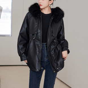 皮衣女加厚中长款连帽带毛领加绒妈妈冬装外套洋气高贵女皮毛一体