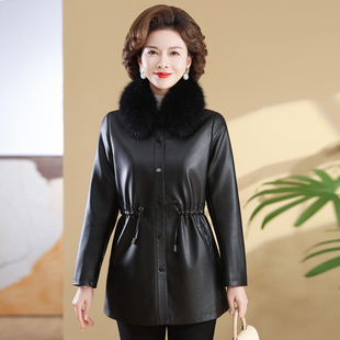 宽松PU皮风衣胖婆婆 秋冬大码 中老年妈妈装 皮衣加绒外套女2025新款