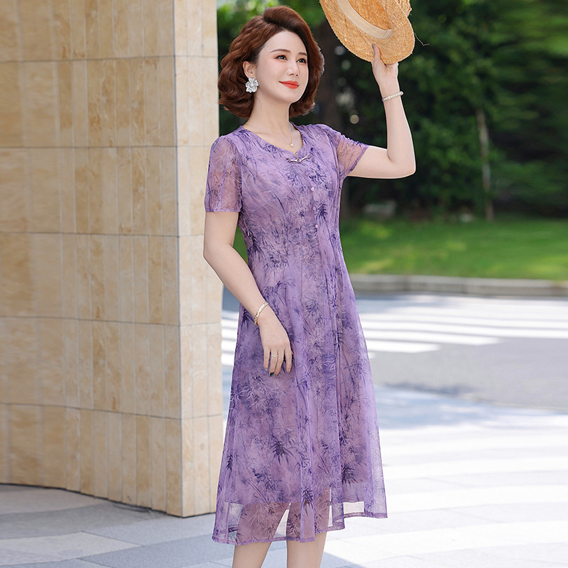 中年妈妈夏装连衣裙时尚网纱裙子