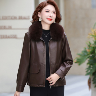皮衣外套女中老年妈妈秋冬新款 皮夹克加绒保暖50多岁婆婆高端皮袄
