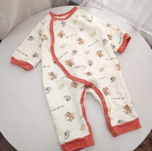 66码外贸春秋男宝宝长袖爬爬服新生婴儿猫和老鼠连体衣包屁衣哈衣