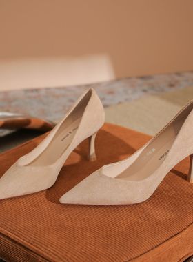 7333C小V口绒面细跟高跟鞋女鞋职业鞋通勤法式百搭气质方跟高级感