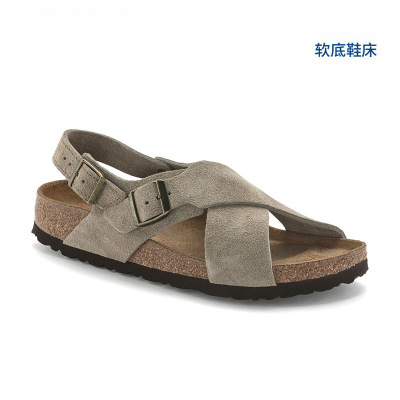 全牛皮真皮交叉勃肯鞋男女款夏季新品软木厚底平底博肯鞋系踝凉鞋