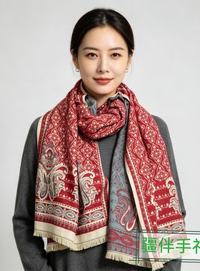 秋冬复古佩斯利披肩围巾女双面提花民族风大披风旅游纪念外搭围巾