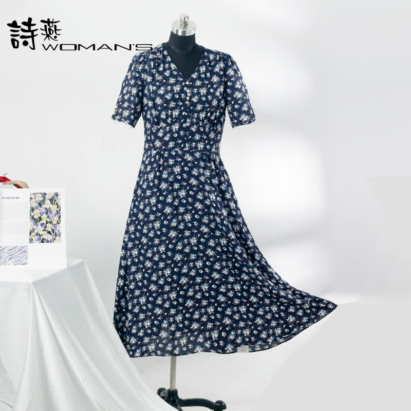 v领气质连衣裙女21新款夏季收腰显瘦波点雪纺长裙法国桔梗裙B1615