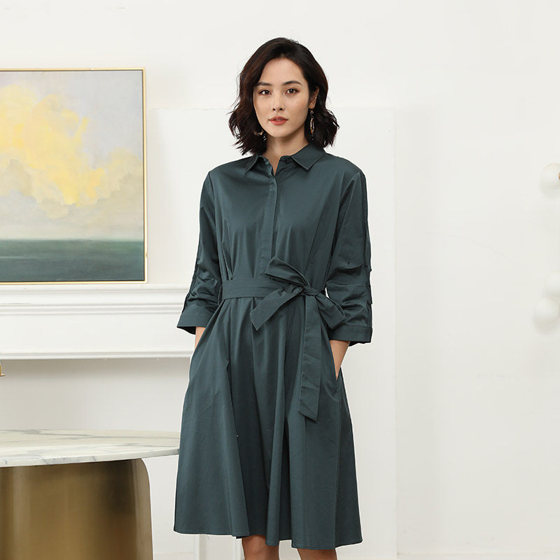 诗燕时装系带收腰a字裙七分袖秋装新款修身显瘦衬衣裙子a3601