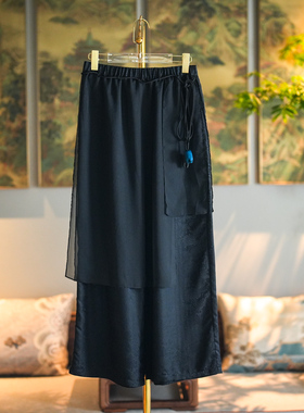 蓝大原创女装国风日常欧根绡拼接真丝香云纱黑色显瘦阔腿长裤5317