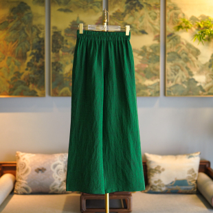 蓝大原创女装 7882 高端真丝龟裂纹绿色显瘦松紧腰简约直筒休闲裤
