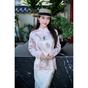 上衣7506 桑蚕丝长袖 蓝大原创女装 减龄粉色立领斜襟盘扣大码