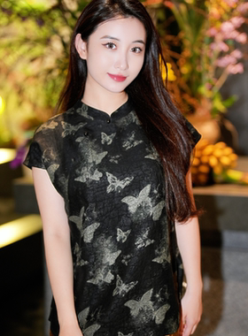 蓝大原创女装经典黑色蝴蝶斜襟盘扣立领真丝龟裂纹包袖上衣7914