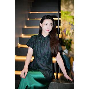 短袖 桑蚕丝新中式 上衣7808 錾莲 蓝大