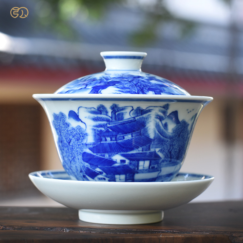 百弘手绘青花瓷康熙山水盖碗