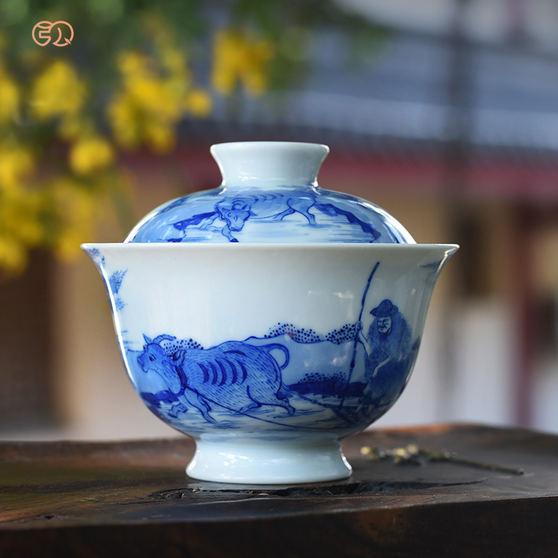 百弘手绘青花春耕图盖碗