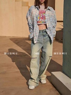 WUU春季新款高腰显瘦时尚炸街复古做旧割破洞慵懒拖地阔腿牛仔裤