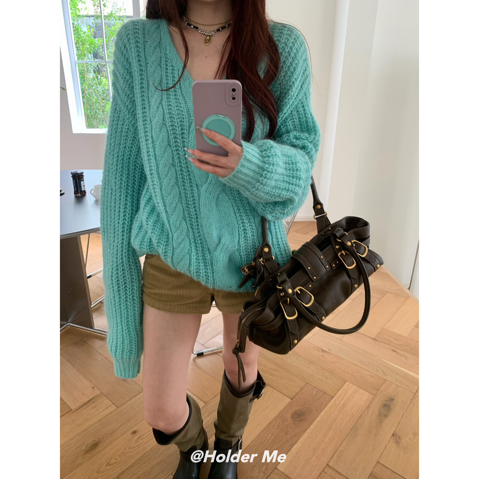 HOLDER慵懒V领麻花显瘦毛衣女