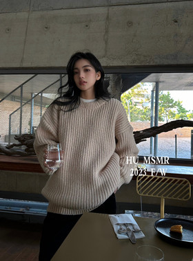 韩国HU MSMR冬季新款纯色韩范休闲保暖慵懒大码圆领长袖上衣女装