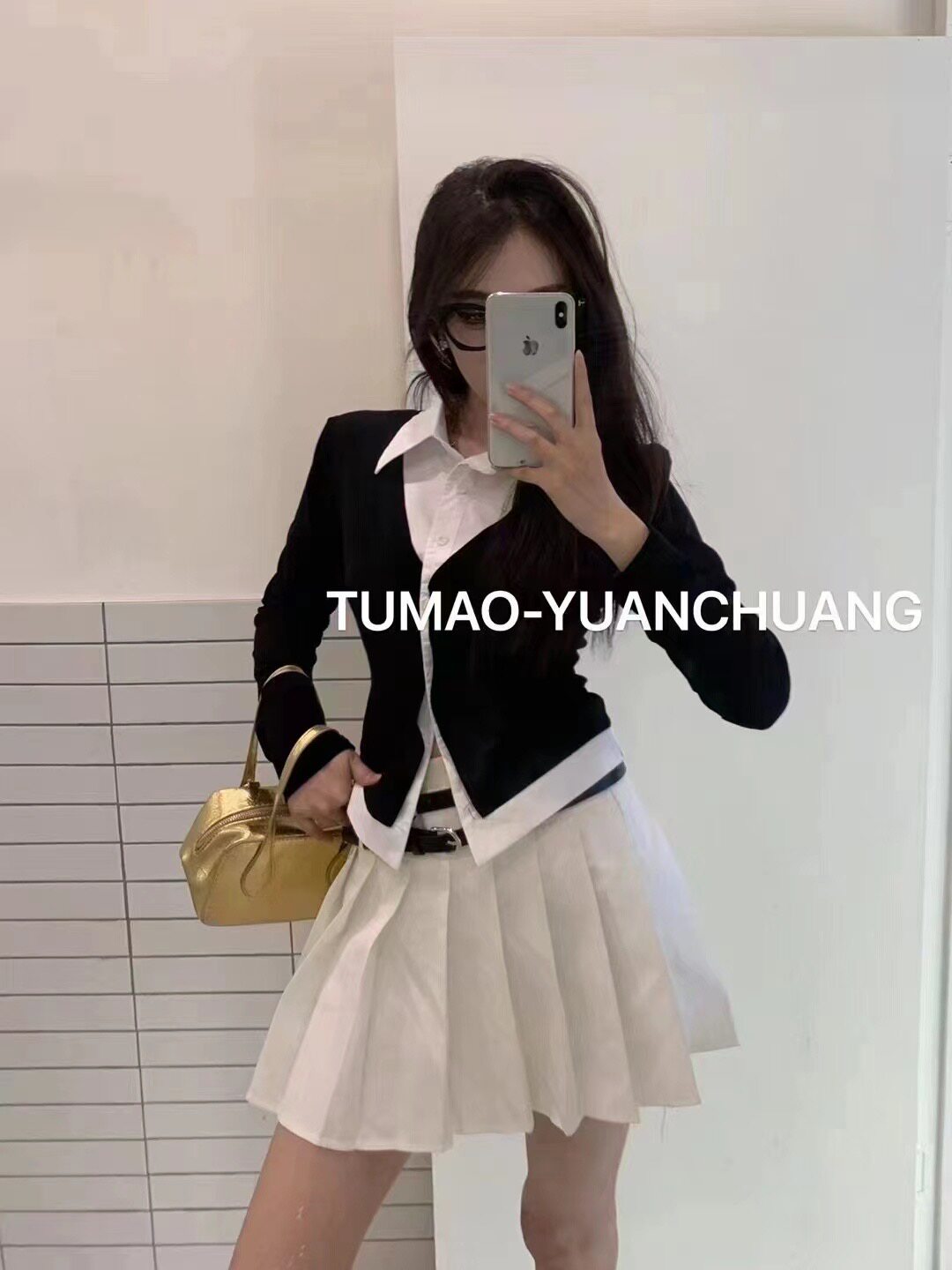 TUMAO土猫家秋季新款韩版设计感假两件polo领长袖修身显瘦T恤上衣