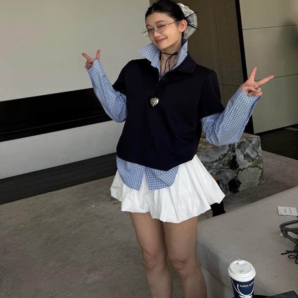 TOKO.Z秋新款时尚设计感可拆卸长袖格子polo领假两件百搭上衣女