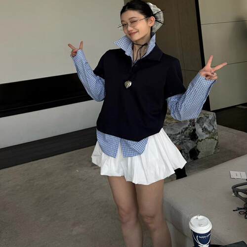 TOKO.Z秋新款时尚设计感可拆卸长袖格子polo领假两件百搭上衣女