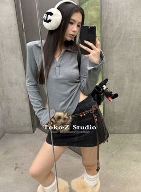 TOKO.Z冬季新款时尚辣妹polo领百搭显瘦韩版加绒打底长袖短T恤女