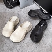 新款 WM6 女2026年春季 休闲厚底增高包头拖鞋 松糕底半拖潮 真皮女鞋