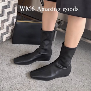 WM6 真皮女靴内增高方头马丁靴2026年秋季短靴中跟套筒弹力瘦腿靴