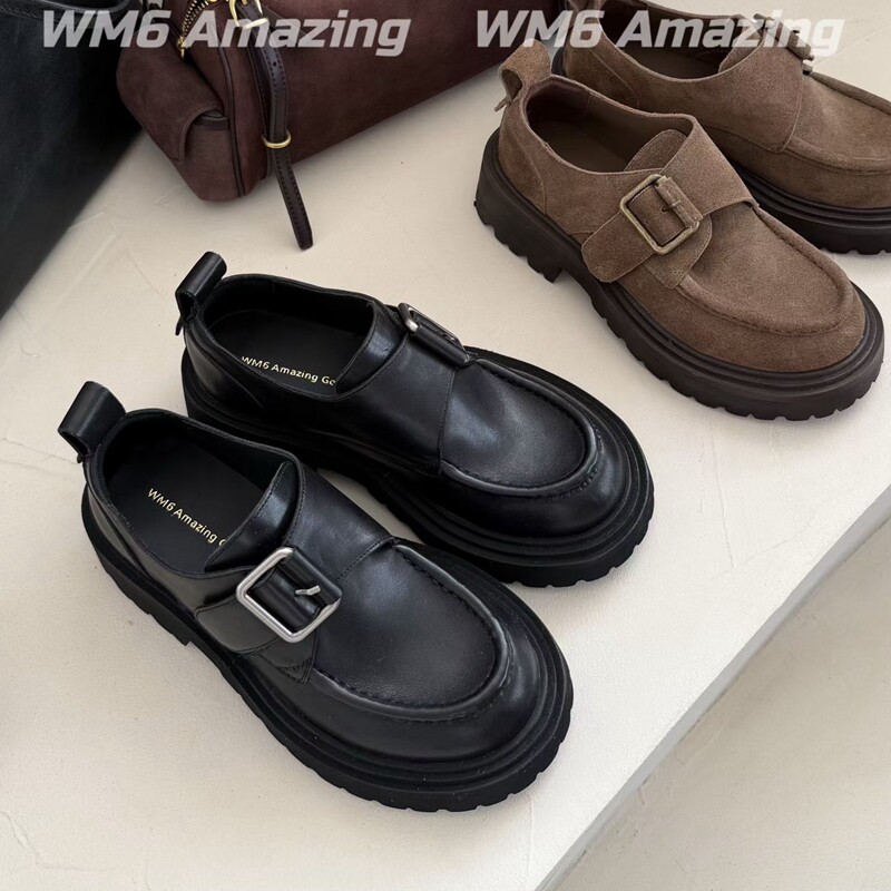 WM6 真皮女鞋厚底增高魔术贴乐福鞋2026年秋季新款中跟圆头单鞋女