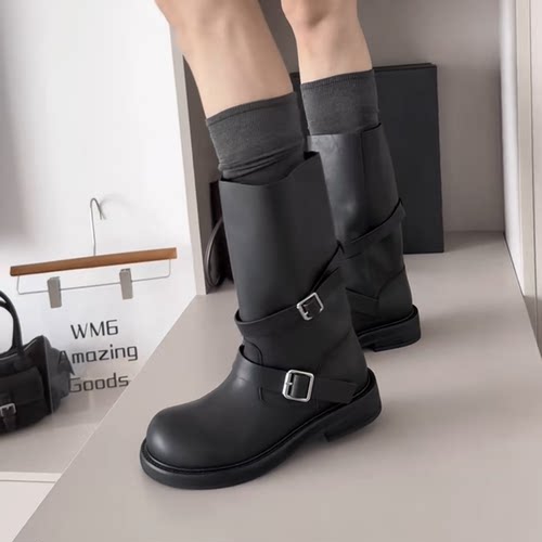 WM6真皮女鞋皮带扣骑士靴马丁靴