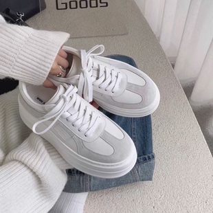 WM6 真皮女鞋春季厚底小白鞋2026年新款松糕底增高系带圆头板鞋潮