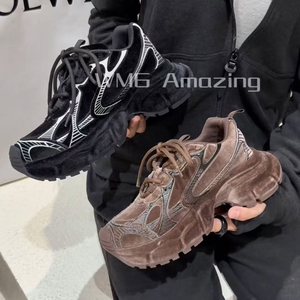 WM6 保暖加绒老爹鞋丝绒布女鞋2024年冬季厚底拼色系带时尚休闲鞋