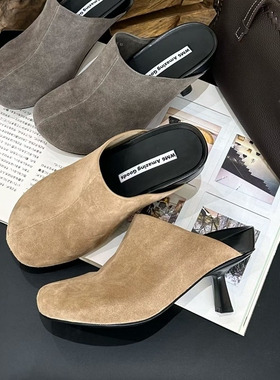 WM6 真皮女鞋法式高跟鞋包头拖鞋女2026年春季新款细跟圆头穆勒鞋