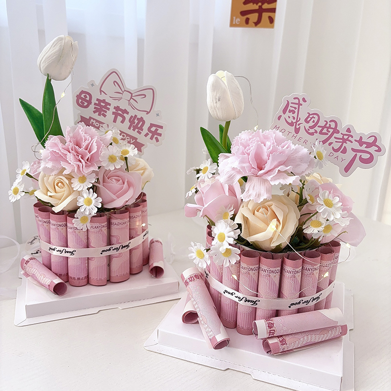 母亲节惊喜礼物手工diy仿真花康乃馨花束蛋糕礼盒送妈妈婆婆生日