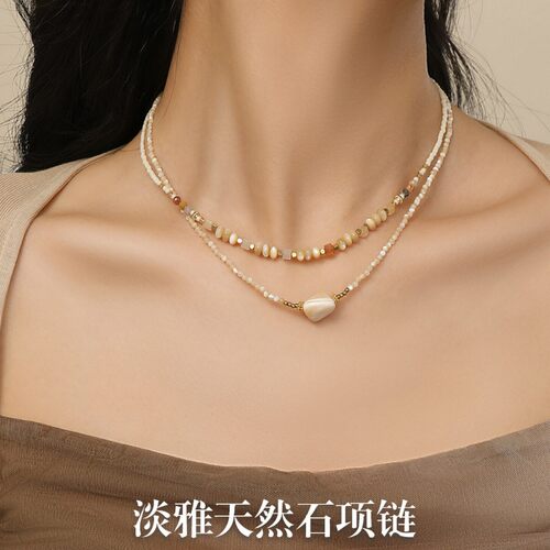 秋冬天然石串珠项链女款2025新款感小众轻奢复古叠戴钛钢颈链