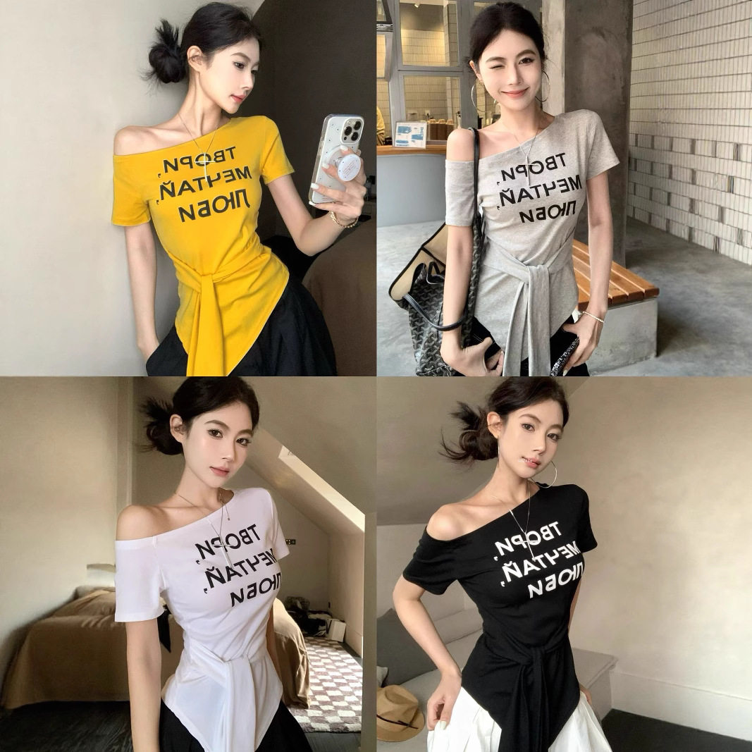 字母印花斜肩短袖T恤女2025夏季绑带修身设计感辣妹显瘦学生上衣