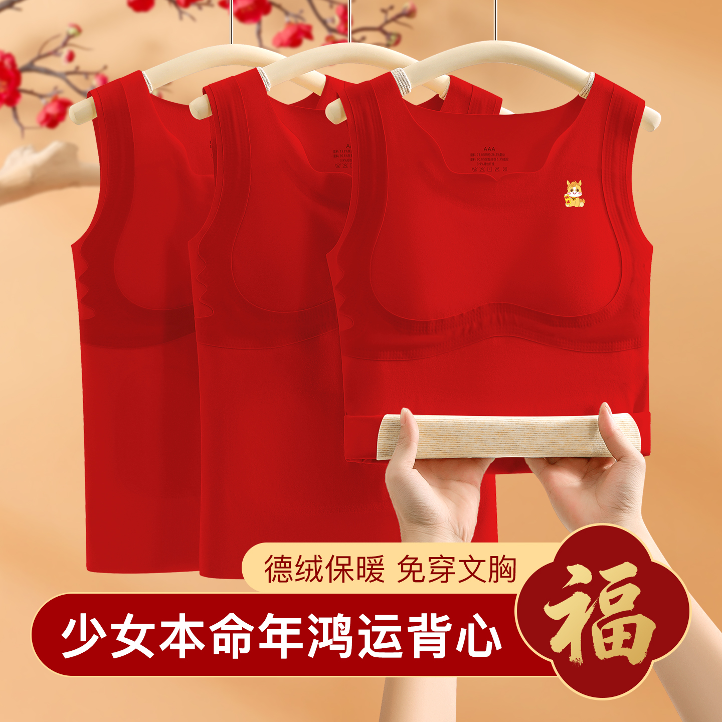 德绒保暖女童本命年红色内衣套装