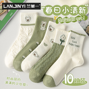 可爱百搭长袜运动学生日系春季 袜子女士夏薄款 绿色小熊中筒袜韩版